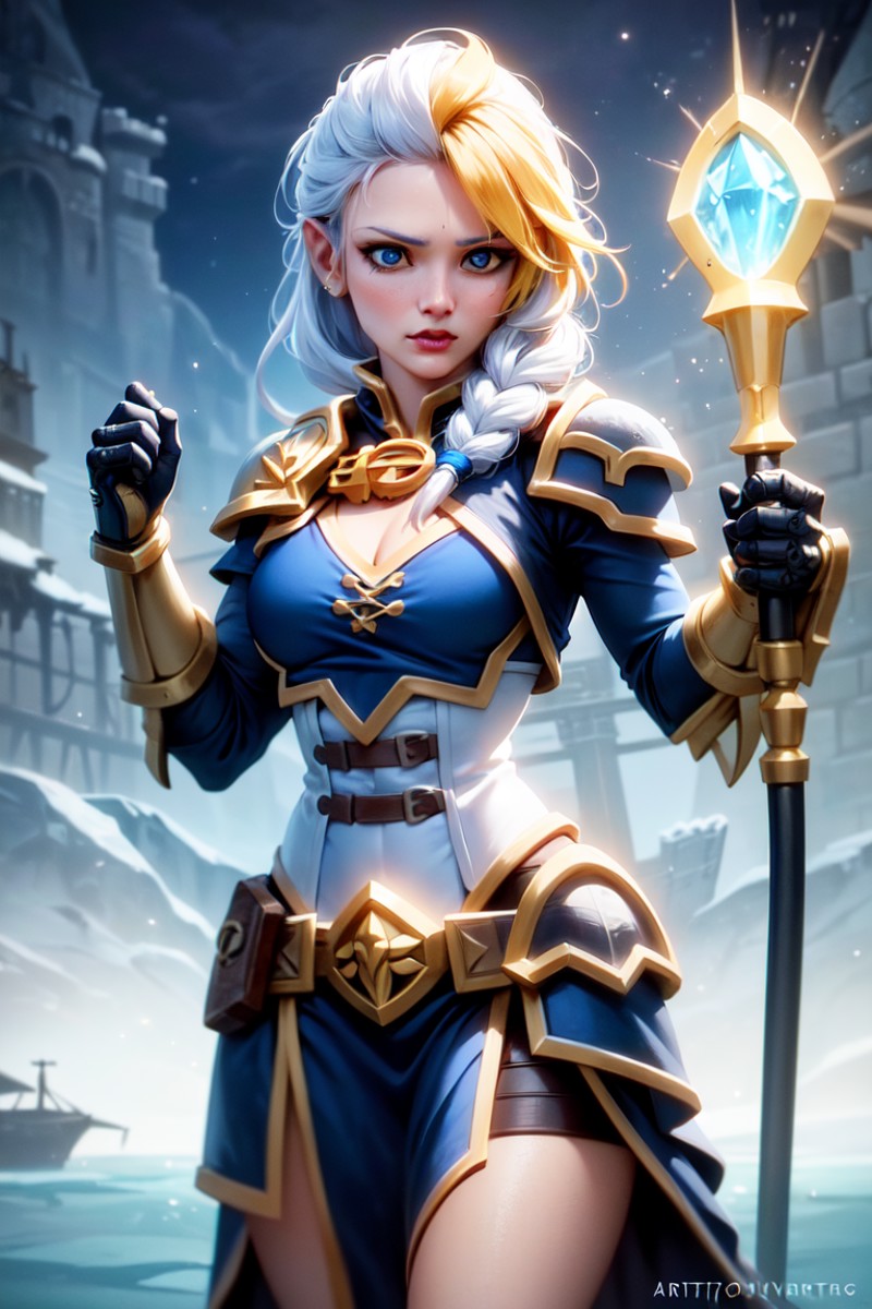 best quality, cowboy shot, 1girl, beautiful athletic adult sxz-jaina-v2-9900 in battle stand holding magic staff with blue...